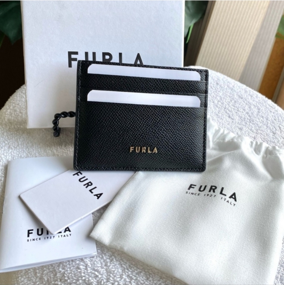 3PC - FURLA BLACK DOUBLE SIDED CARD HOLDER FULL INCLUSION NWT DUST BAG BOX